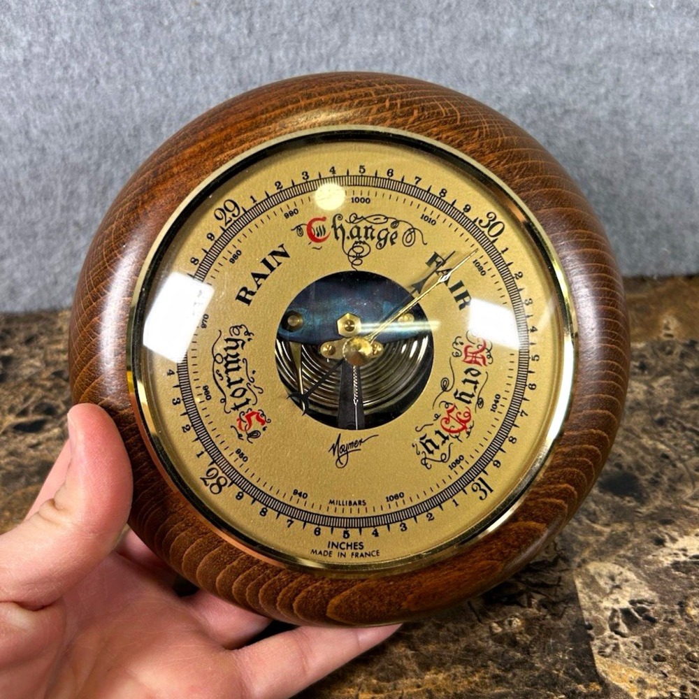 Untested* Naudet France Round Wooden Wall Mount Aneroid Barometer Weather Dial